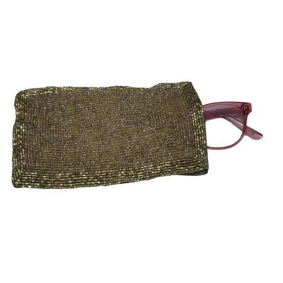 1980s Beaded Light Brown Handbag Flex Frame Eyeglass Rectangle Pouch Bag Case - Picture 2 of 5